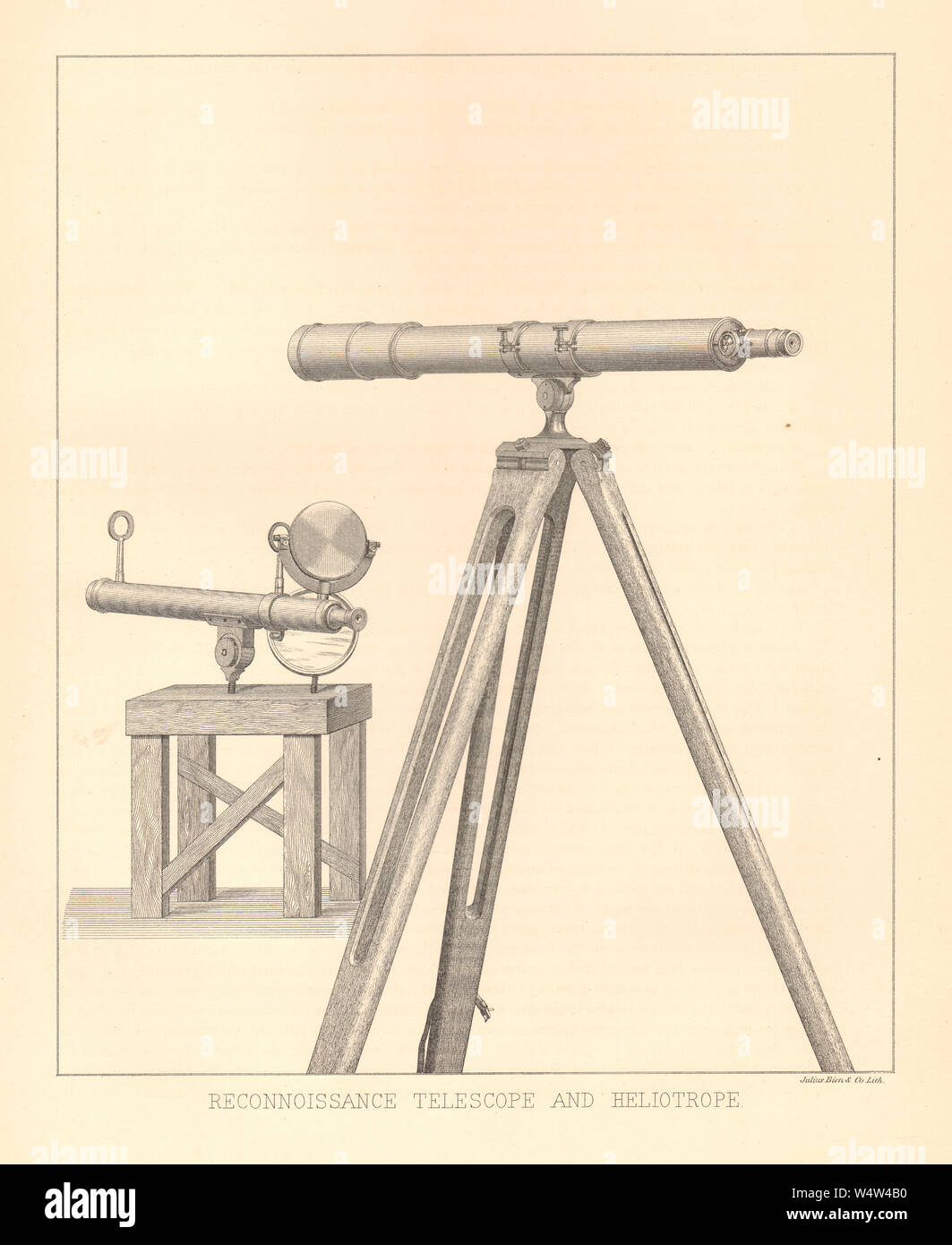 Reconnaissance Telescopes and Heliotrope - Antiquarian bookplate from a set of plates showing 19th century survey tools in a NY State Survey Report Stock Photo