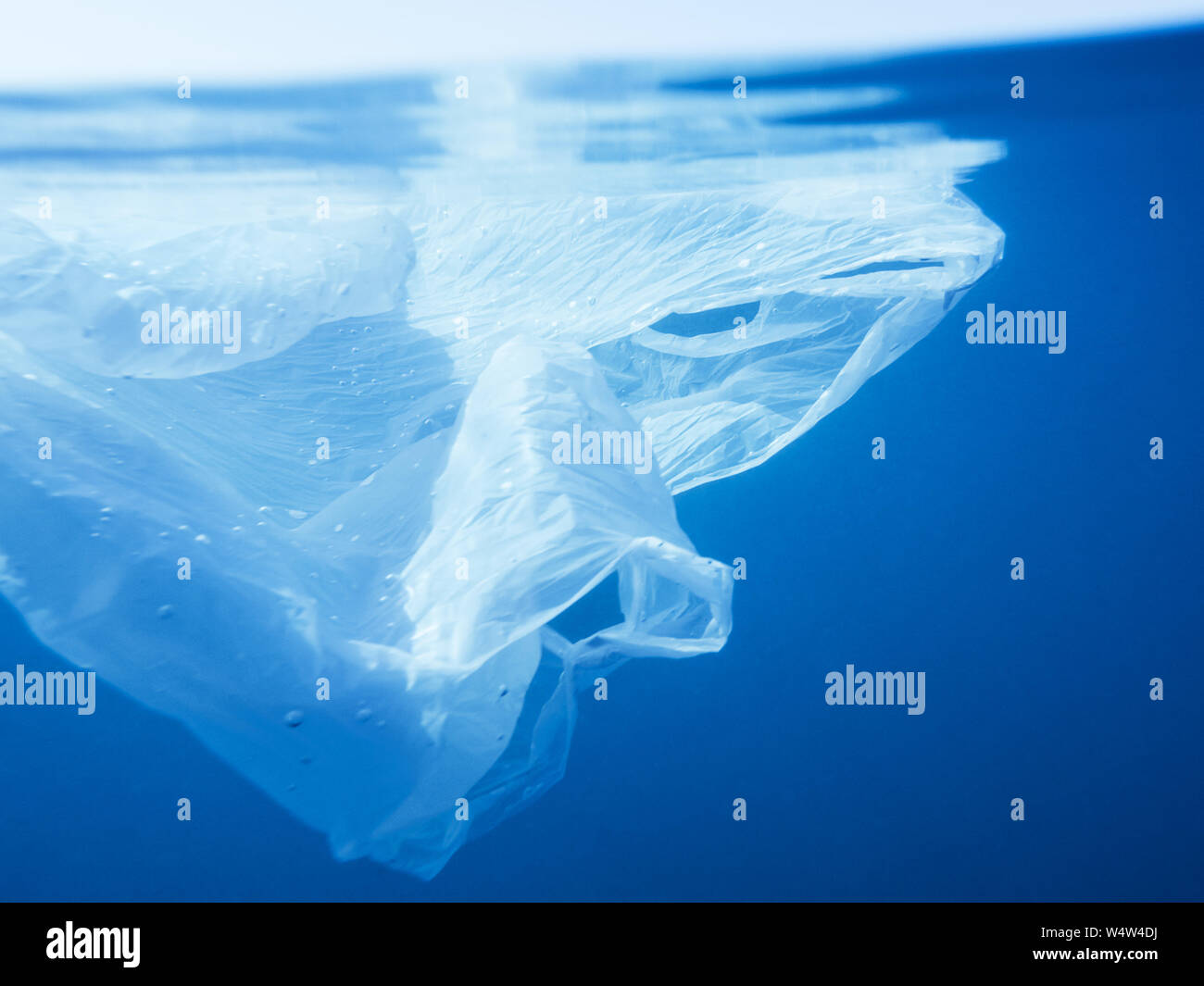 plastic waste underwater, a plastic bag in the Mediterranean sea near