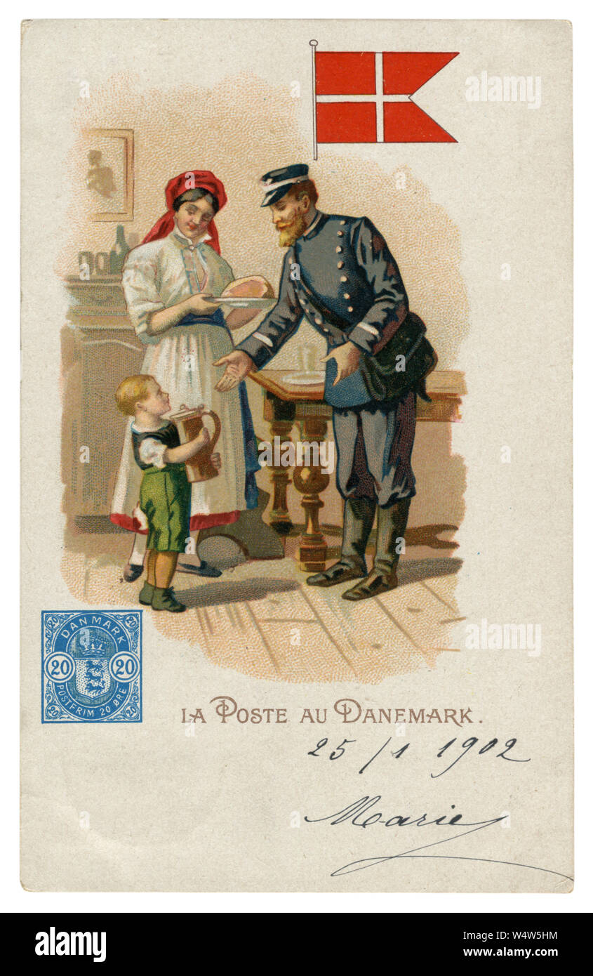French historical chromolithographic postcard: World post series. Danish post. Postman in uniform. Woman and child in traditional clothes. Denmark Stock Photo
