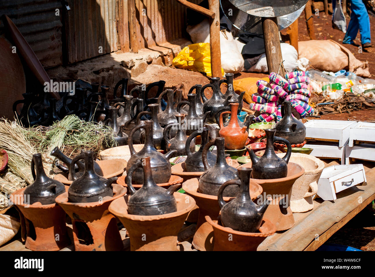 Traditional clay coffee pots for sale at a rural market in Illubabor, Ethiopia Stock Photo