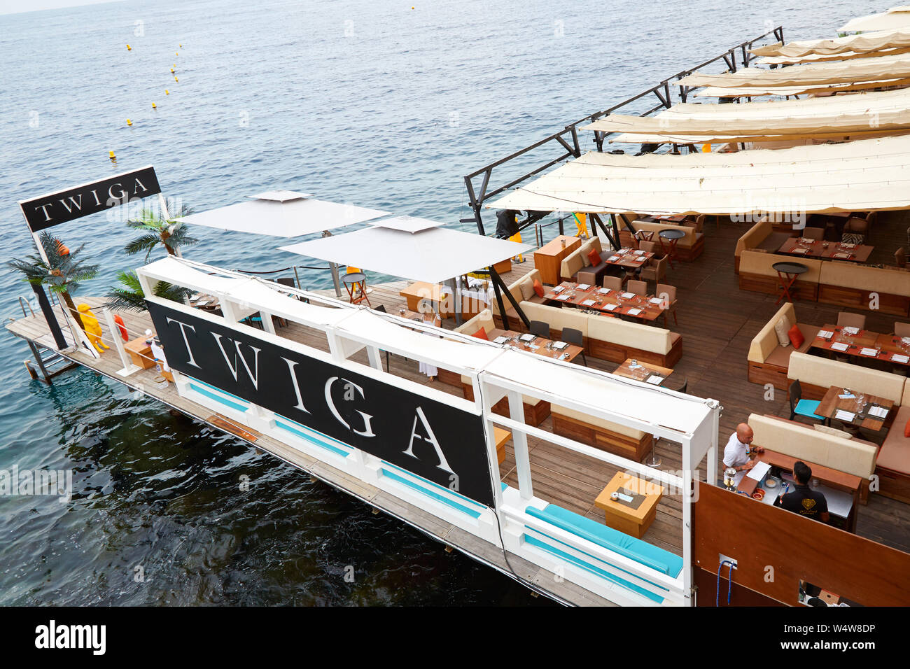 MONTE CARLO, MONACO - AUGUST 19, 2016: Twiga lounge and shisha bar terrace on the sea in a summer day in Monte Carlo, Monaco. Stock Photo
