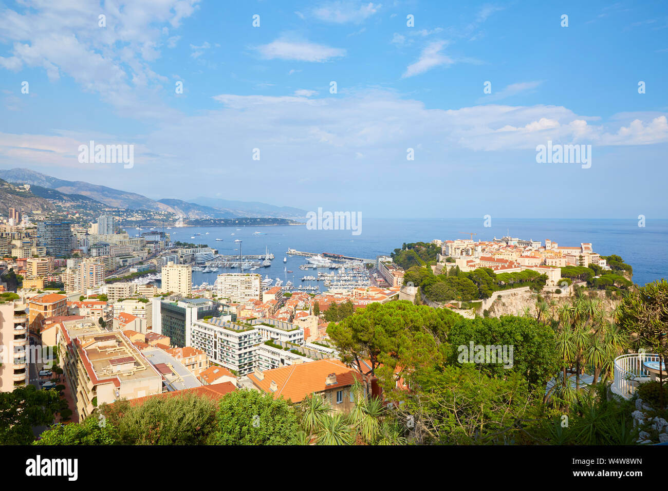 MONTE CARLO, MONACO - AUGUST 20, 2016: Monte Carlo city high angle sea view and coast with meditterranean vegetation in Monte Carlo, Monaco. Stock Photo