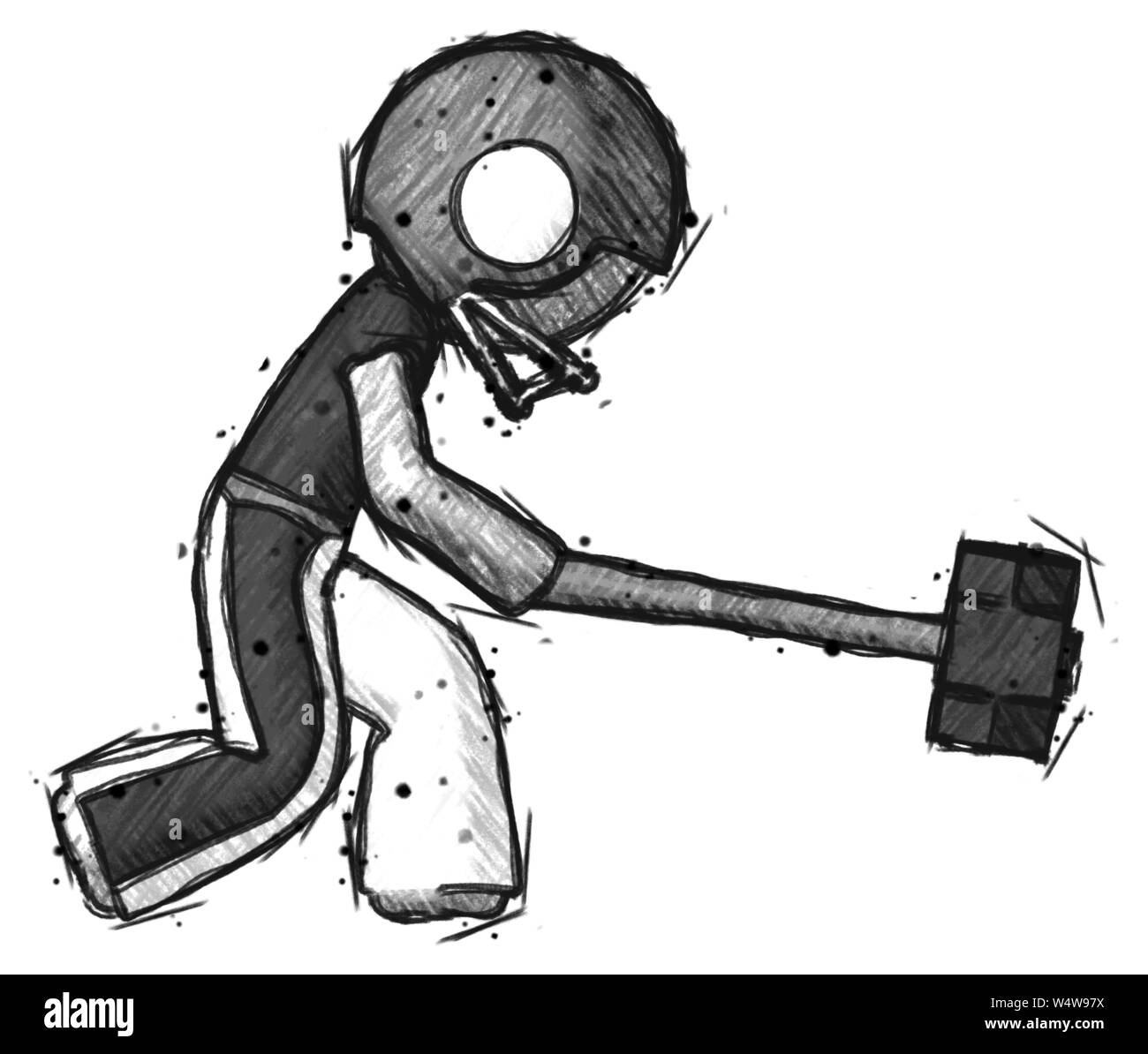 Sketch football player man smashing with sledgehammer, or hitting