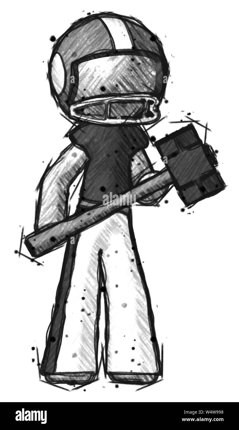 Sketch football player man holding giant hammer ready to work Stock