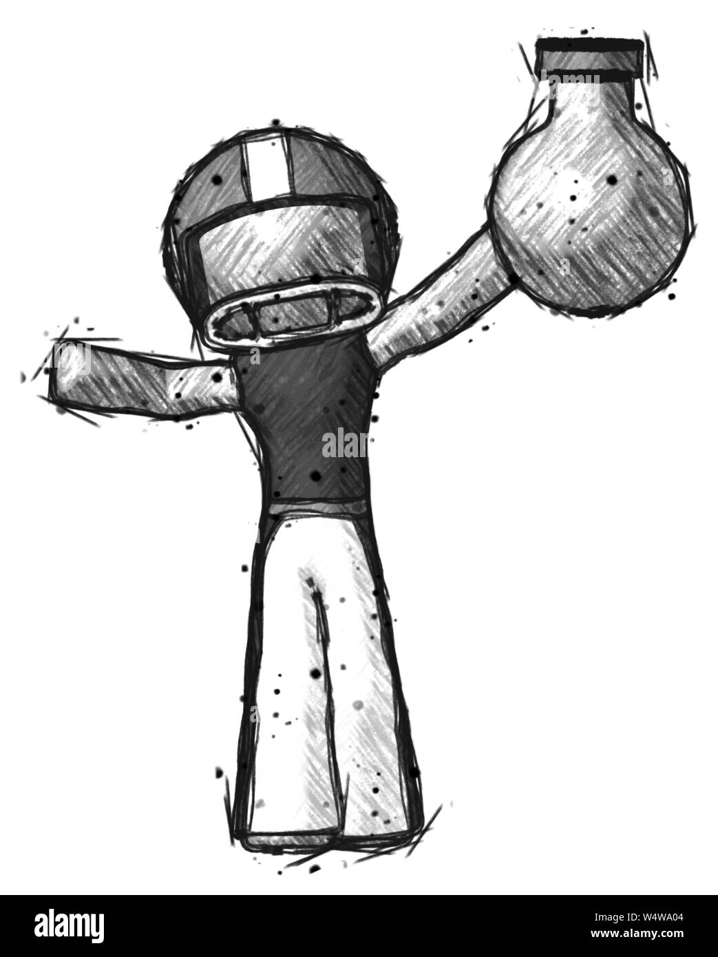 Sketch football player man holding large round flask or beaker. Stock Photo