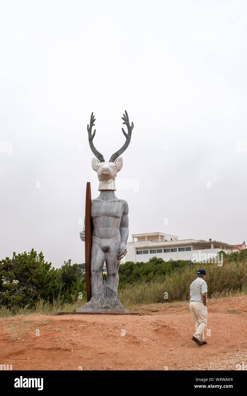 Nazare, Portugal July 19, 2019 The surfer statue. Nazare holds the