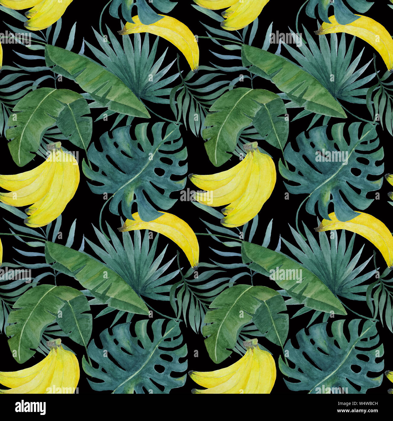 watercolor hand painted seamless pattern with bananas and tropical ...
