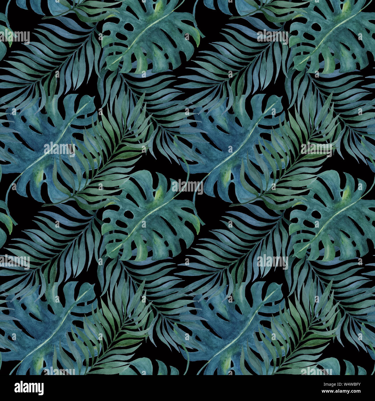 watercolor hand painted tropical seamless pattern on black with exotic ...