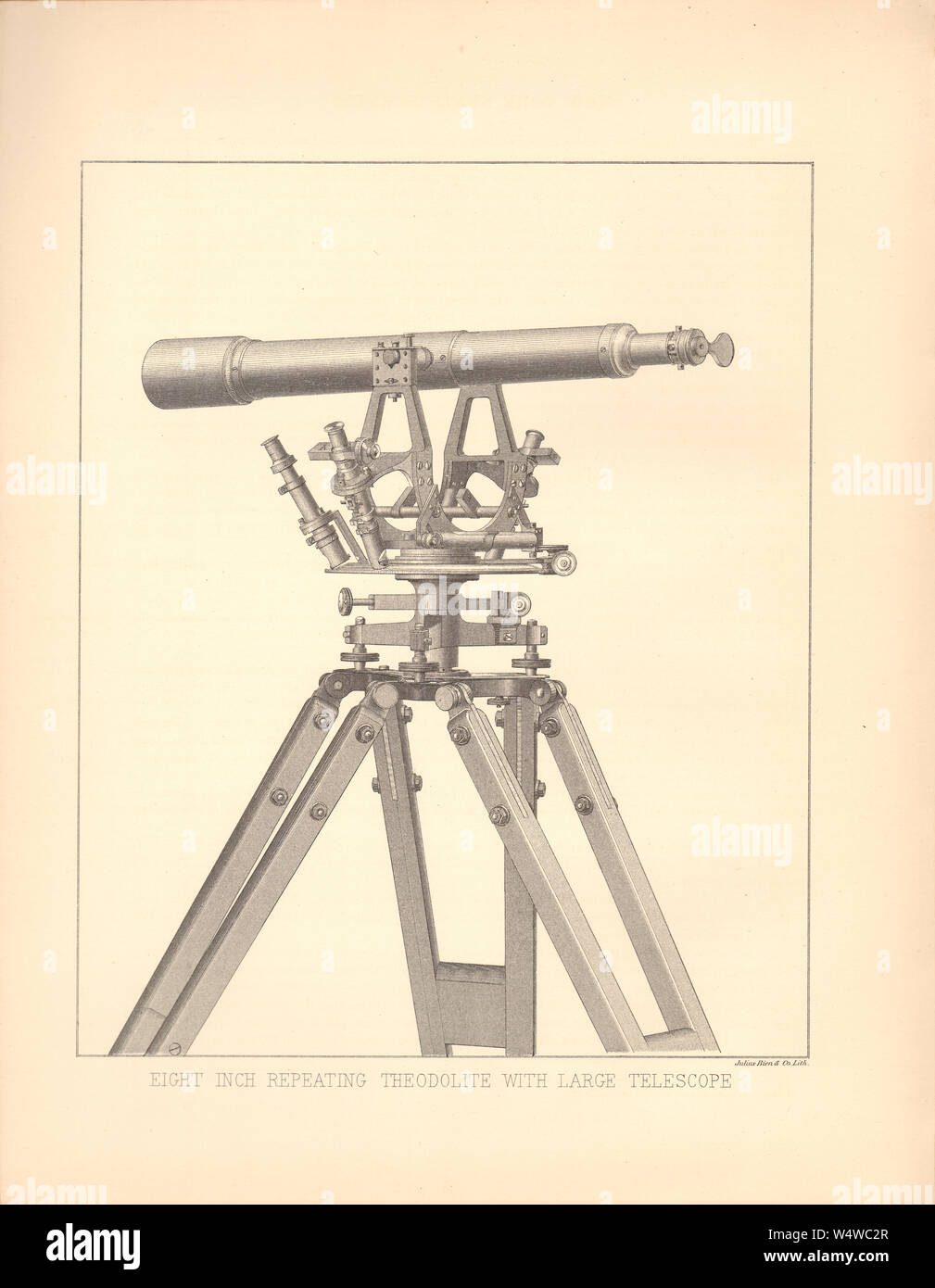 Eight-inch repeating theodolite with large telescope as used in measuring horizontal angles - Antiquarian image showing 19th century surveyor tools Stock Photo