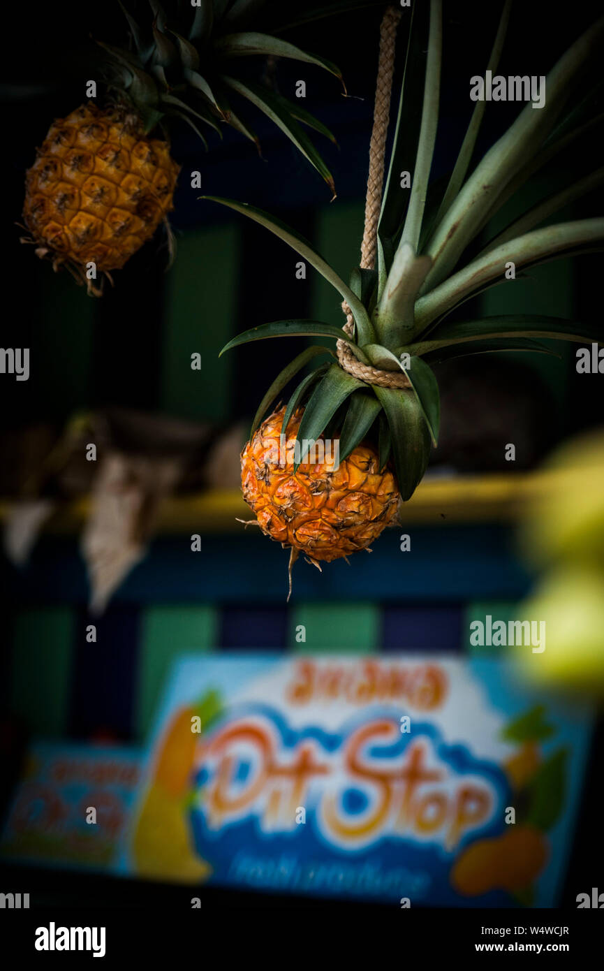 Fresh pineapple for sale at a fruit stand on the tropical island of