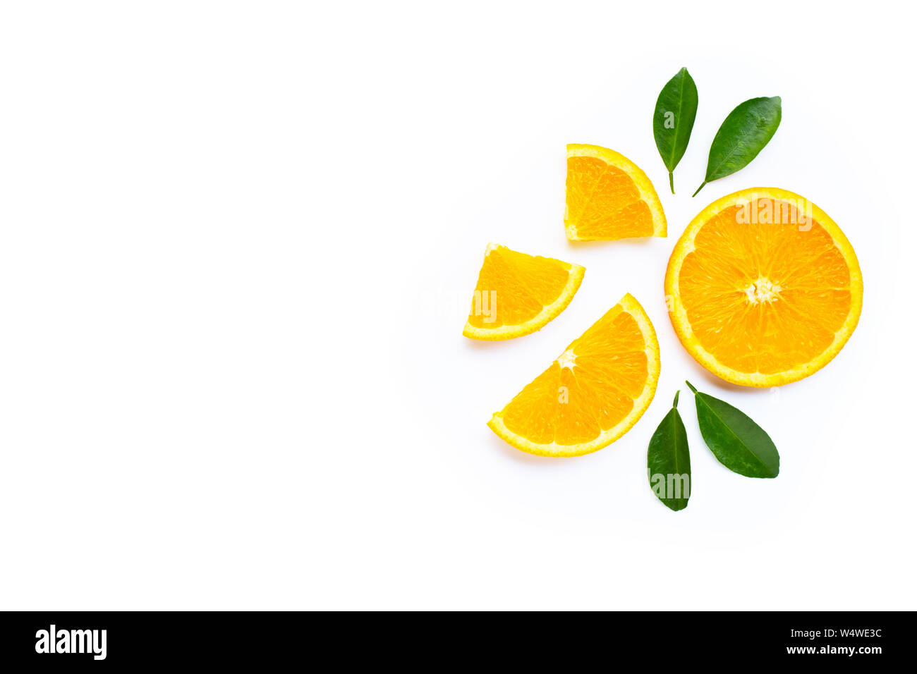 High vitamin C. Fresh orange citrus fruit with leaves isolated on white