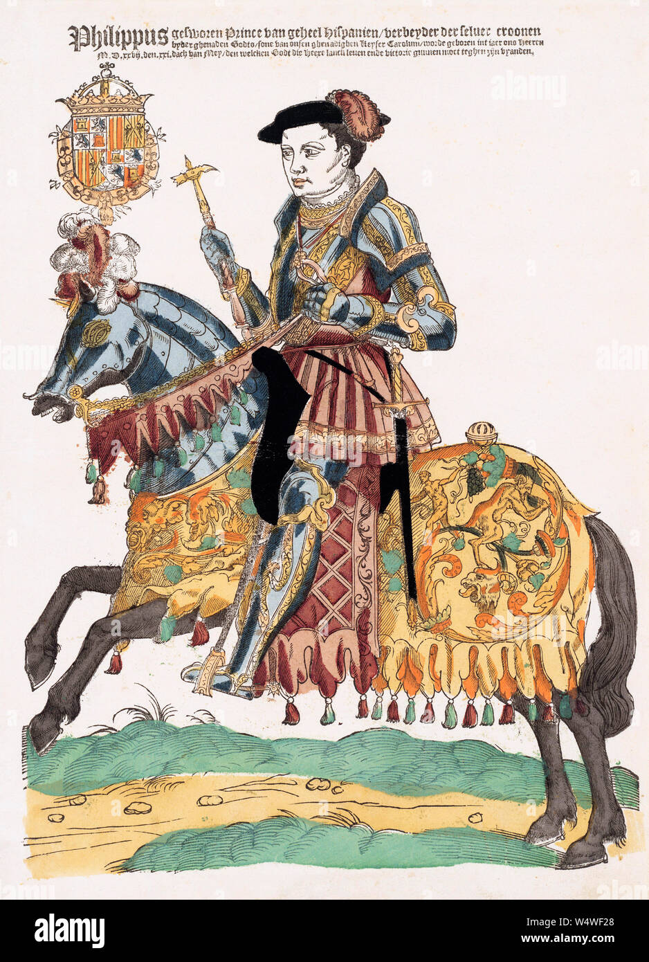 Portrait of King Philip II of Spain on horseback.  King Philip II, Rey Felipe II, 1527 - 1598.  After a 16th century print. Stock Photo