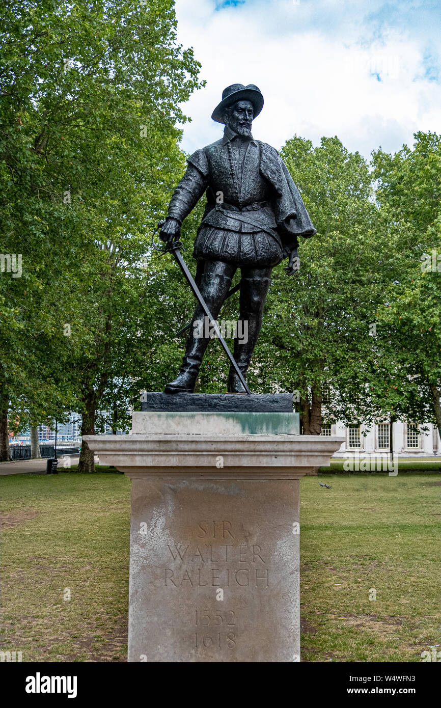 Sir Walter Raleigh monument in Greenwich, London. He was an English landed gentleman, writer, poet, soldier, politician, courtier, spy and explorer. H Stock Photo