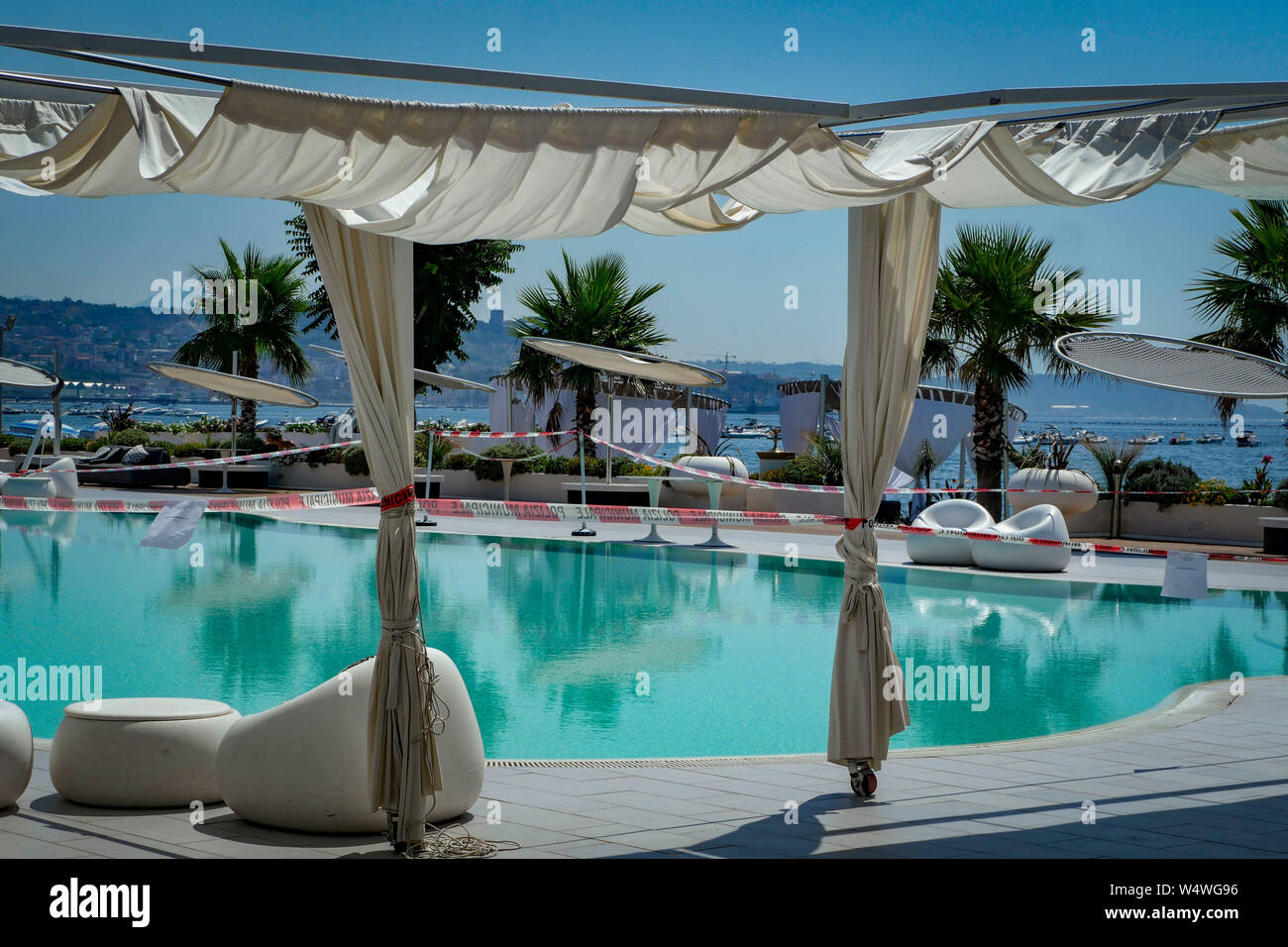 Licola: lido Kora where the tragedy was consummated during a wedding party in a restaurant with outdoor spaces, where the small Davide M., from Caserta, would leave his family and dive into the pool water, he loses his life. 25/07/2019, Naples, Italy Stock Photo