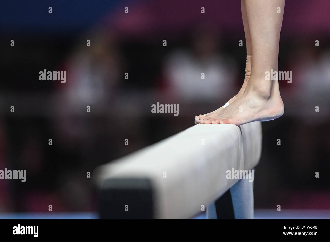 July 24, 2019, Lima, Peru: A gymnast practices on the balance beam during podium training before the competition held in the Polideportivo Villa El Salvador in Lima, Peru. Credit: Amy Sanderson/ZUMA Wire/Alamy Live News Stock Photo