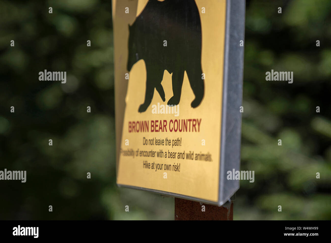 Tara National Park, Serbia - Bear warning sign at a forest hiking track Stock Photo
