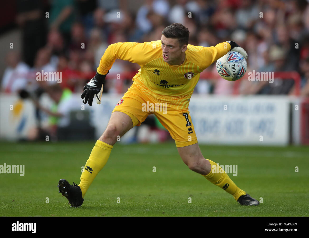 Walsall goalkeeper Liam Roberts during the pre-season friendly match at the Banks's Stadium, Walsall. PRESS ASSOCIATION Photo. Picture date: Wednesday July 24, 2019. See PA story SOCCER Walsall. Photo credit should read: Nick Potts/PA Wire. RESTRICTIONS: No use with unauthorised audio, video, data, fixture lists, club/league logos or 'live' services. Online in-match use limited to 120 images, no video emulation. No use in betting, games or single club/league/player publications. Stock Photo