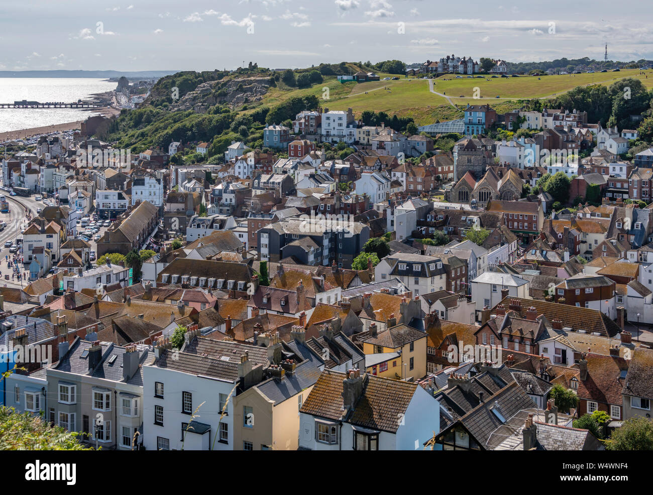 The view over Hastings Old Town from the top of East Hill cliff top. The East Hill Lift takes visitors to the top of the hill. Stock Photo