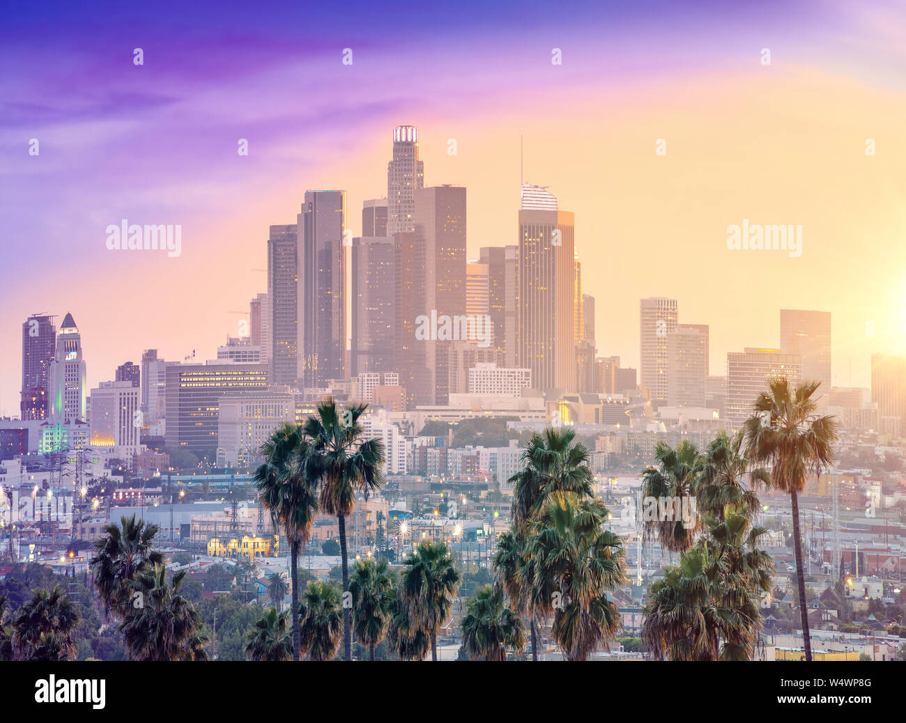 Download Beautiful Los Angeles skyline with Dodger Stadium in the  foreground Wallpaper