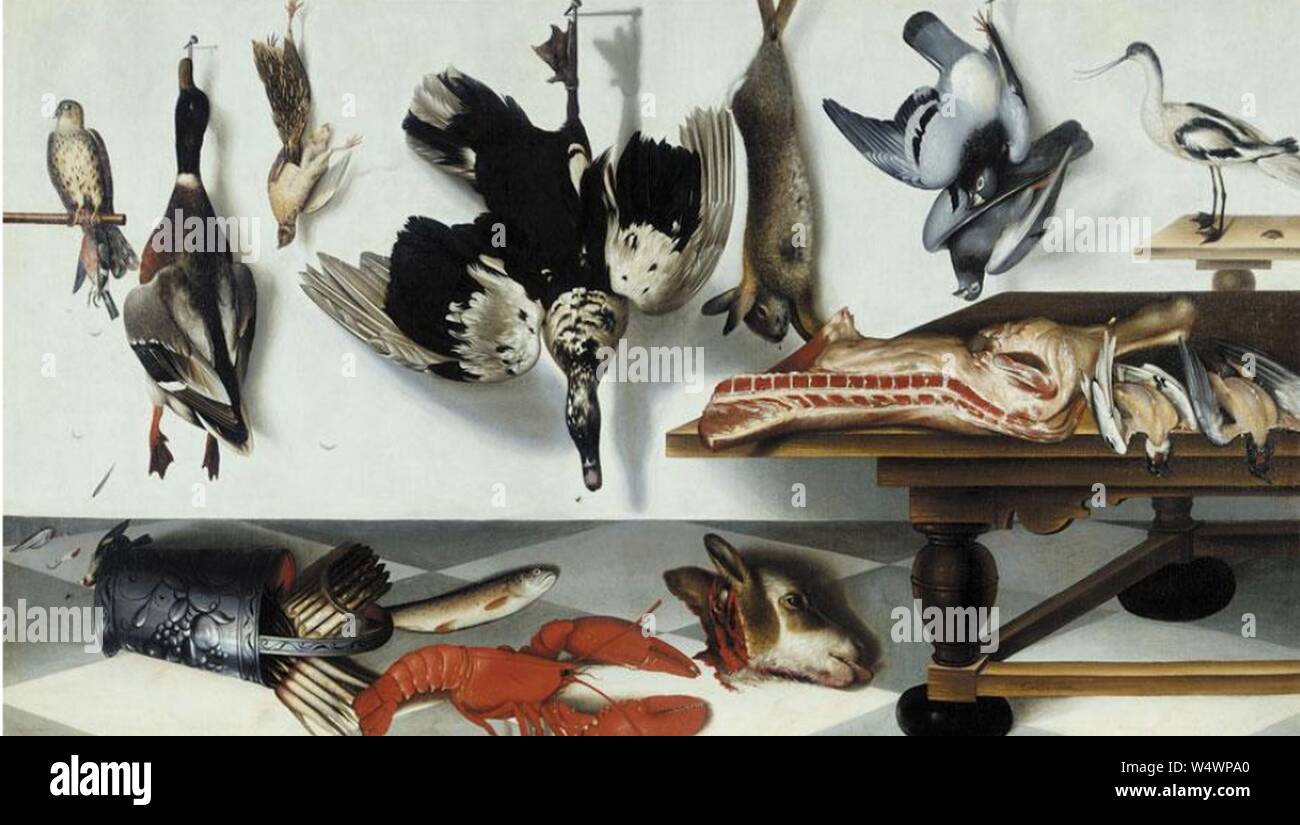 Cornelis Biltius Game larder still life with pigeons, a hare, mallard