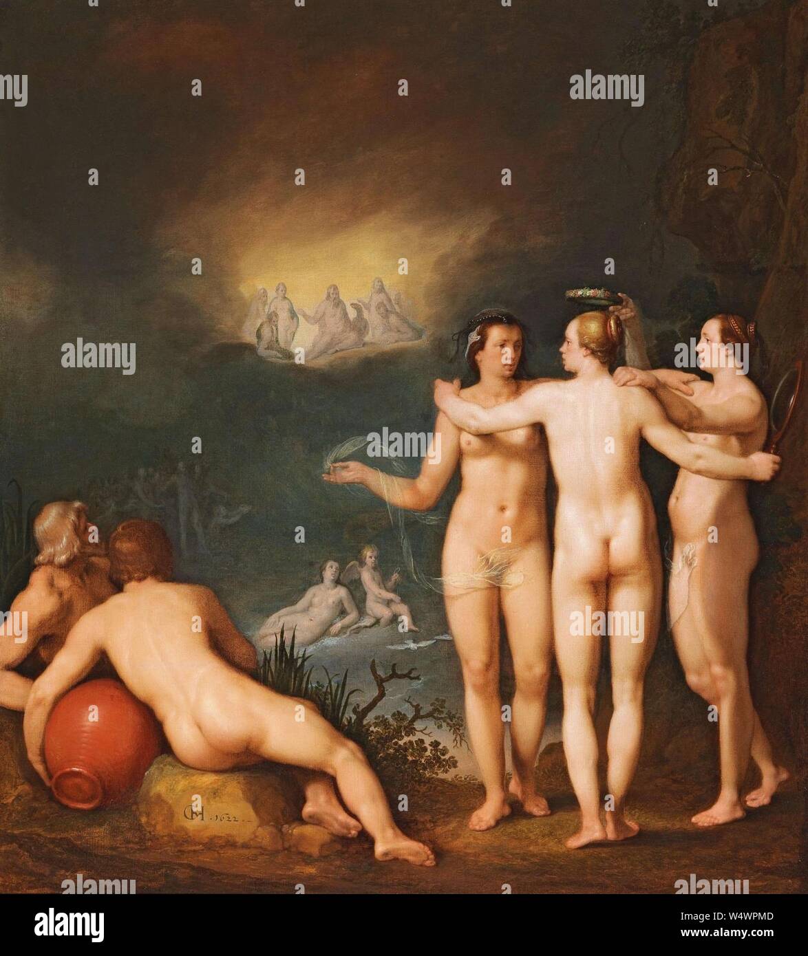Cornelis Cornelisz. van Haarlem - An allegorical scene featuring the Three Graces Aglaia. Stock Photo