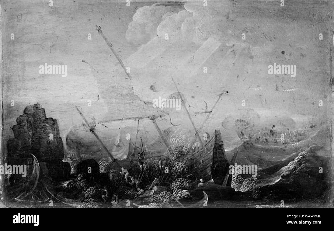 Cornelis Claesz van Wieringen Shipwreck against a Rock Stock Photo