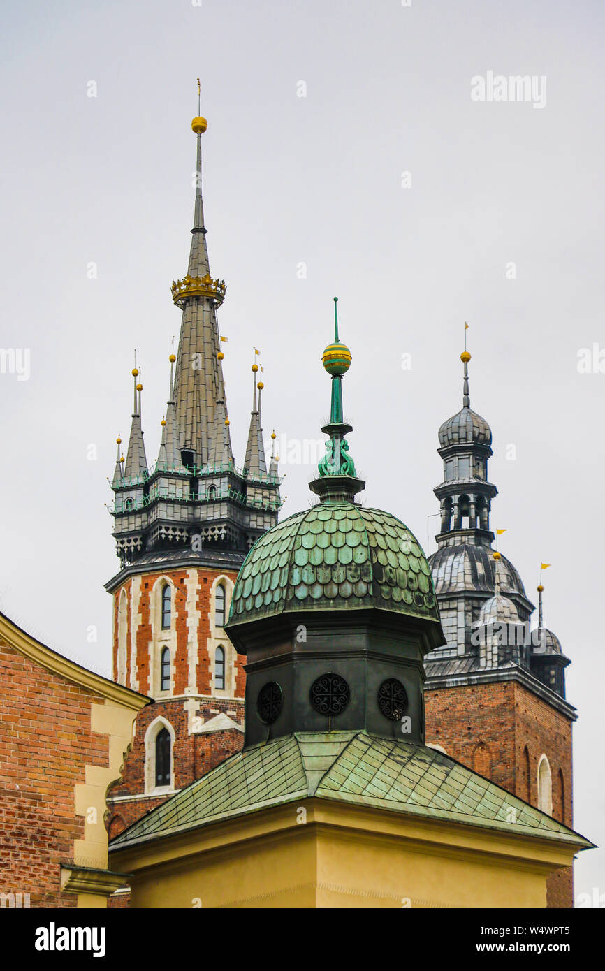 Krakow, Poland - May 21, 2019: Spiers of churches and churches in the old part of Krakow Stock Photo