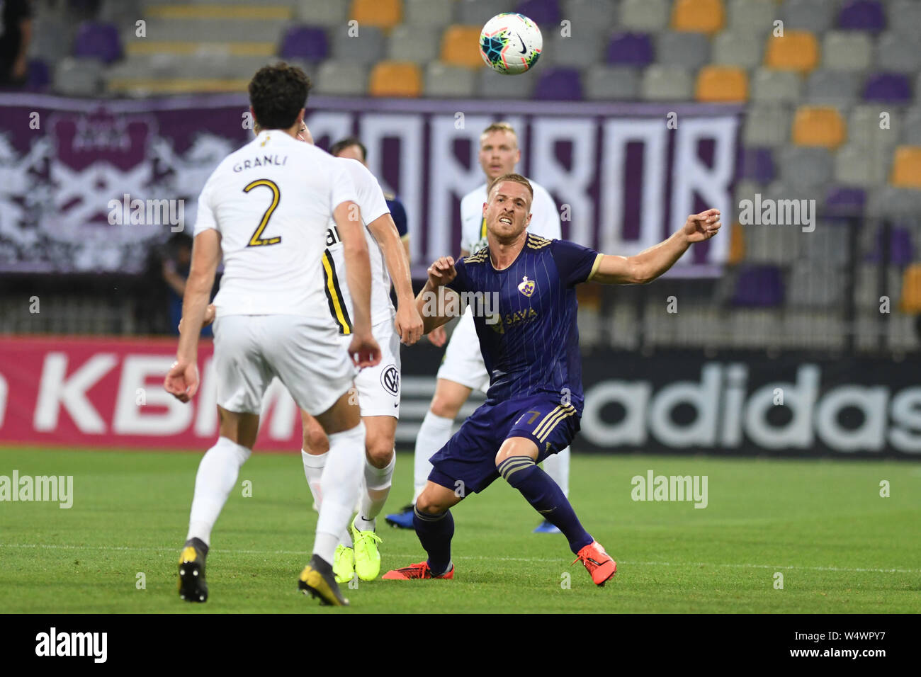 Maribor, Slovenia. 24th July, 2019. Daniel Granli of AIK and Andrej Kotnik on Maribor in action during the Second qualifying round of the UEFA Champions League between NK Maribor and AIK Football at the Ljudski vrt stadium in Maribor.(Final score; Maribor 2:1 AIK) Credit: SOPA Images Limited/Alamy Live News Stock Photo