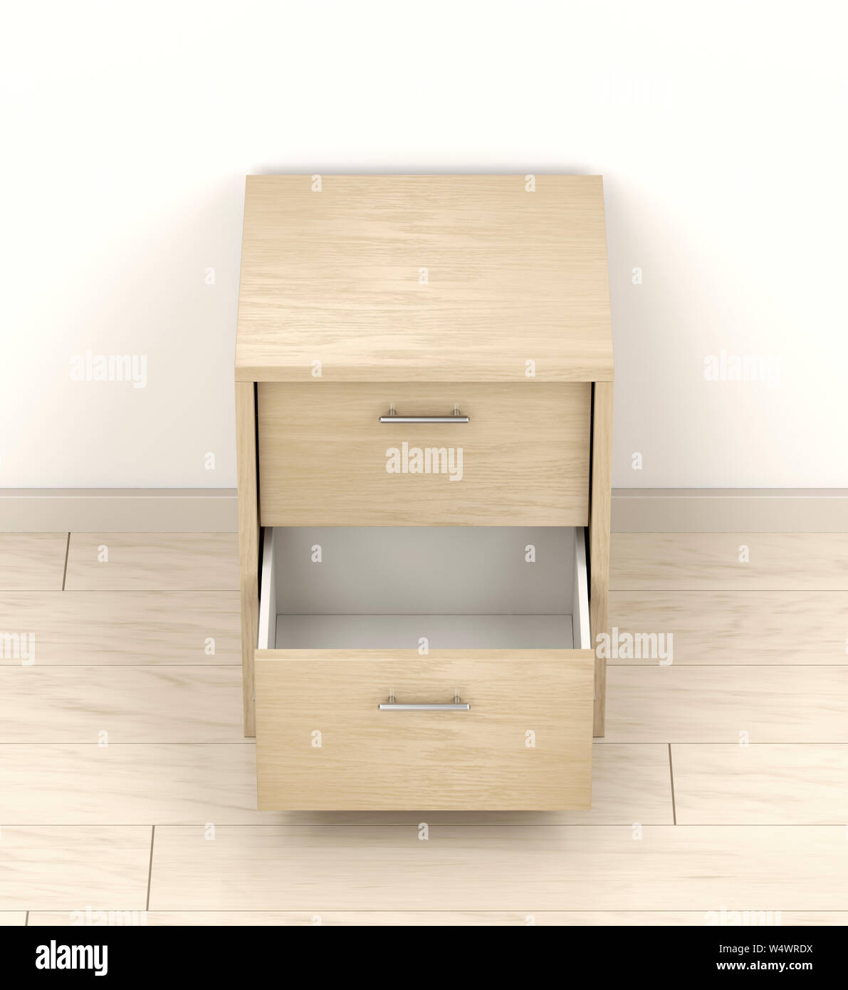 Wood nightstand with open drawer Stock Photo