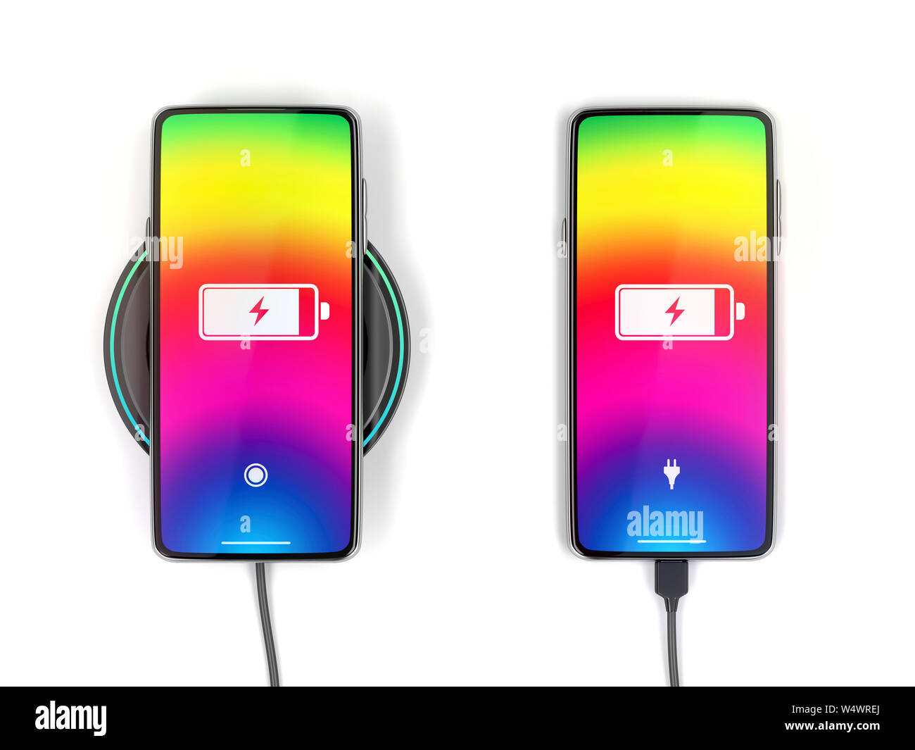 Charging the battery of the smartphones with wired and wireless chargers, top view Stock Photo