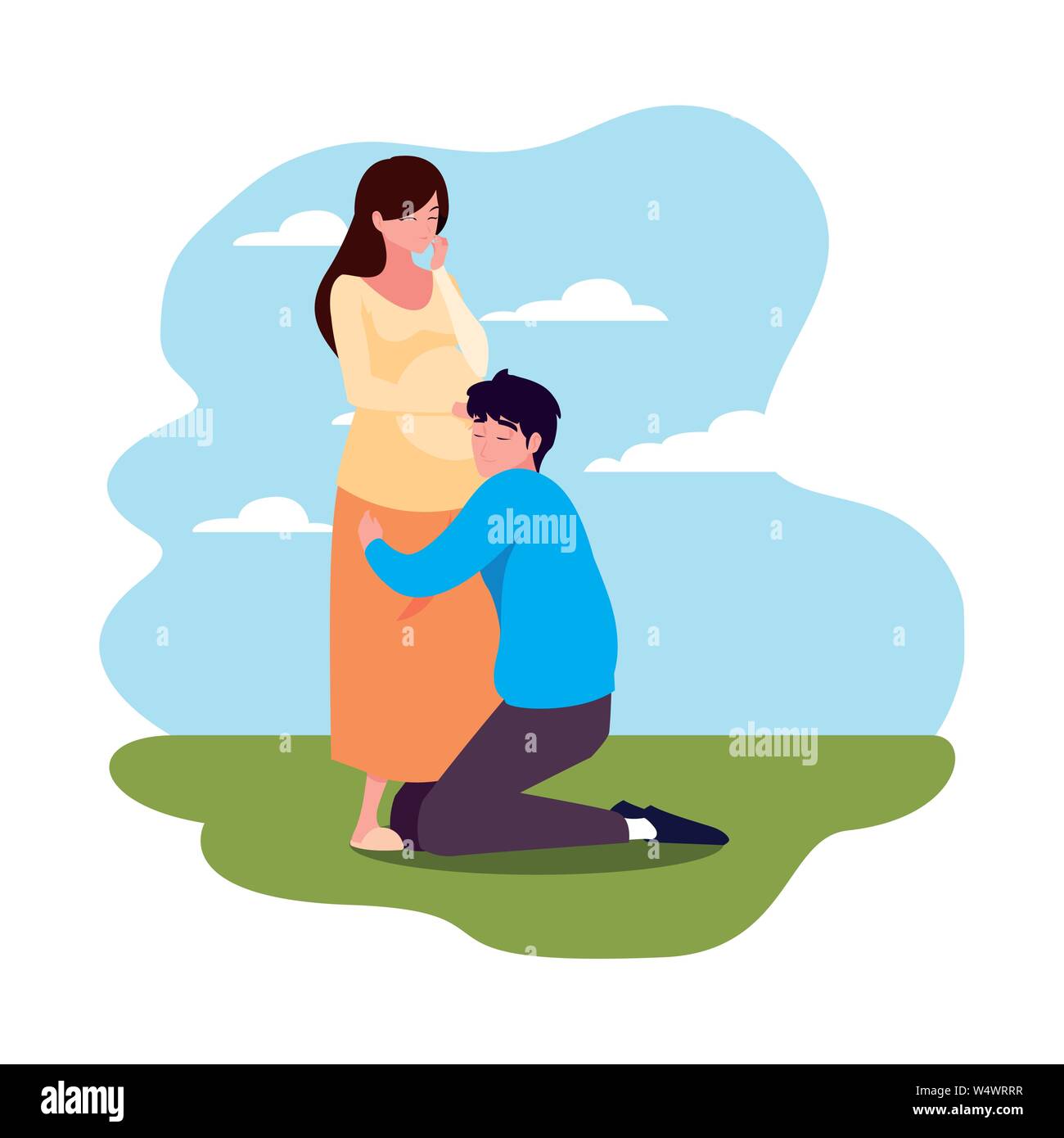 man hugs a pregnant woman outdoors - pregnancy and maternity vector ...