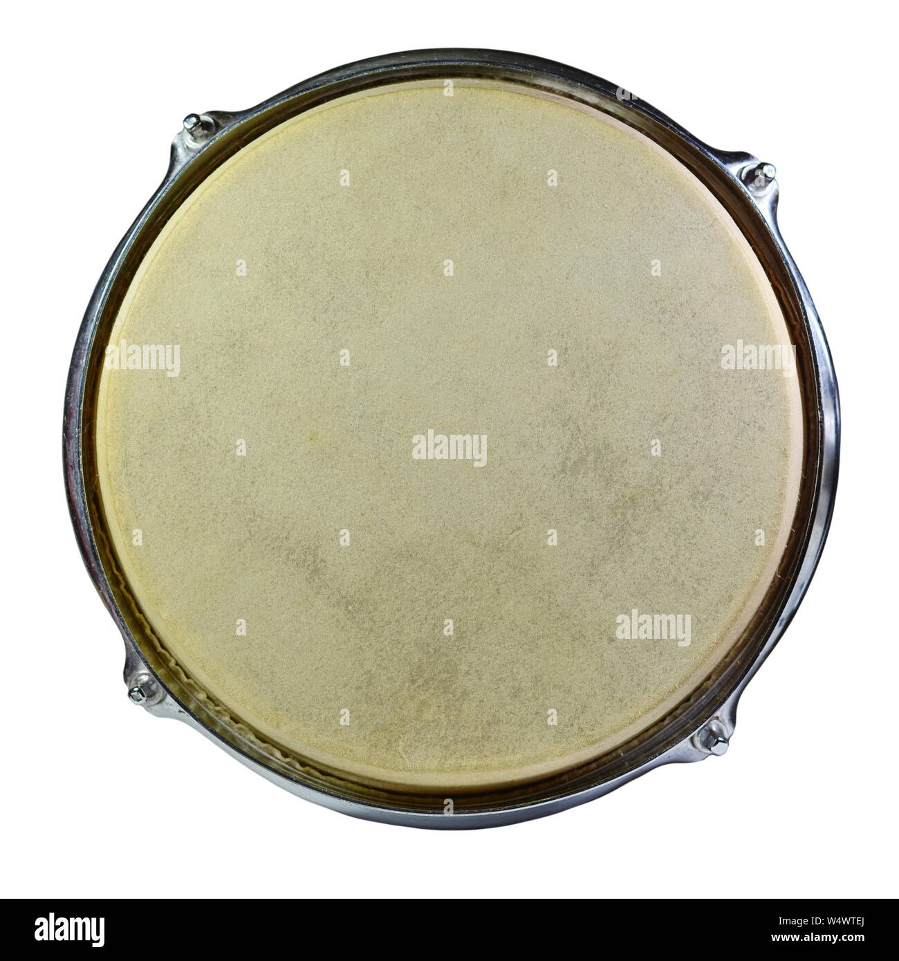 Top view of drum leather with frame isolated on white background. Drum