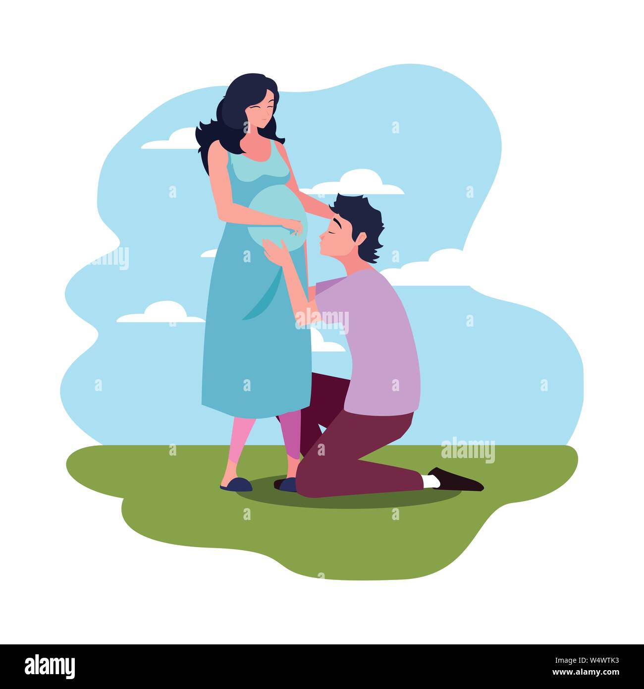 man hugs a pregnant woman outdoors - pregnancy and maternity vector ...
