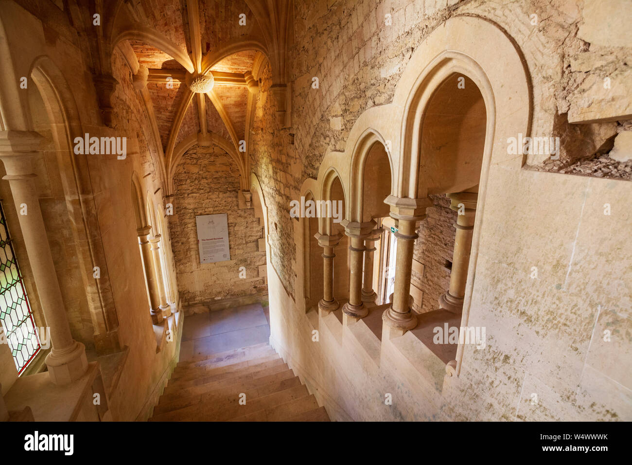 Looking down the Grand Staircase at Woodchester Mansion in Gloucestershire, England Stock Photo