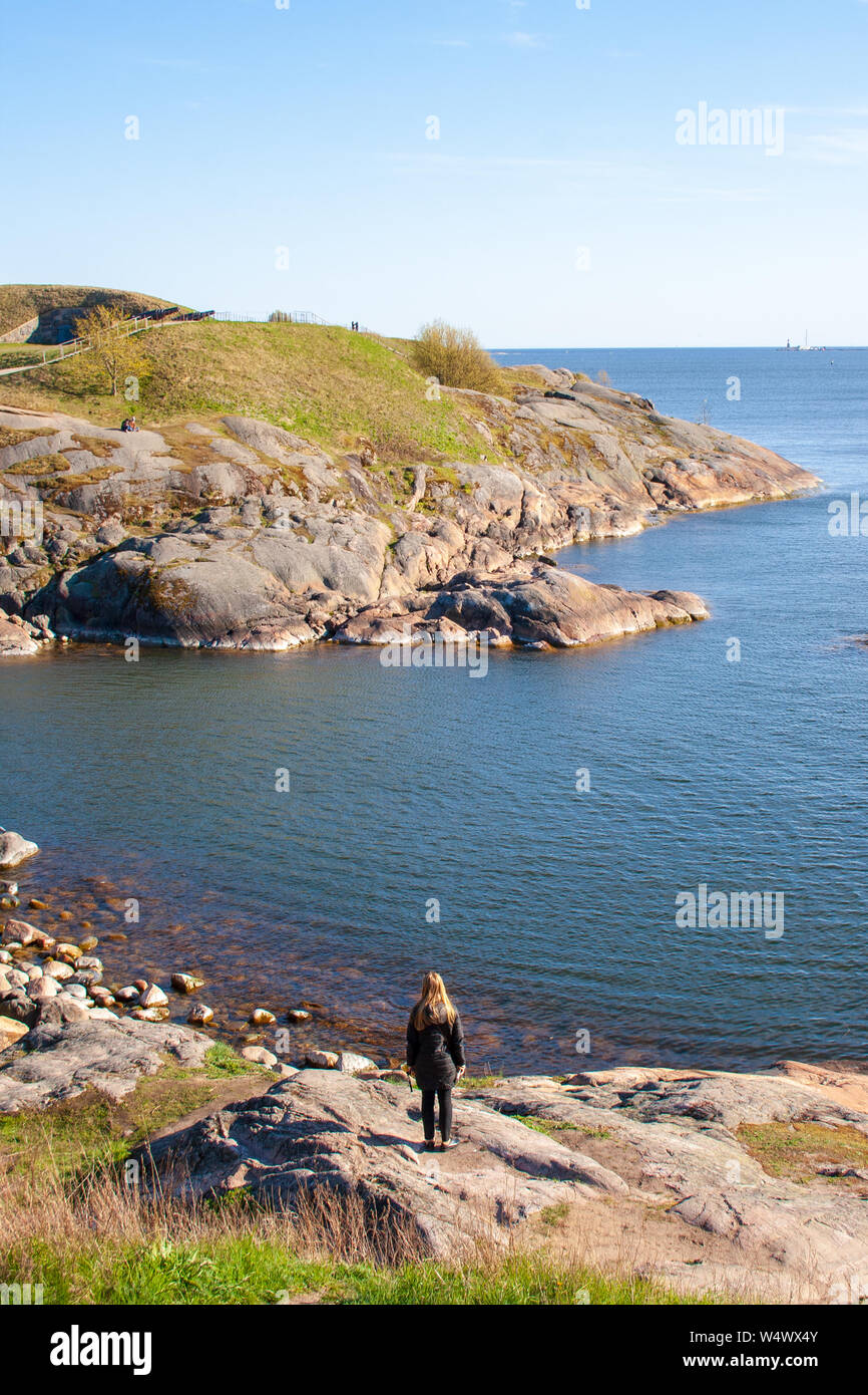 Beautiful finnish landscape, Suomenlinna, Helsinki, Helsingfors, Uusimaa, Finland with rocks and Baltic Sea, vertical Stock Photo