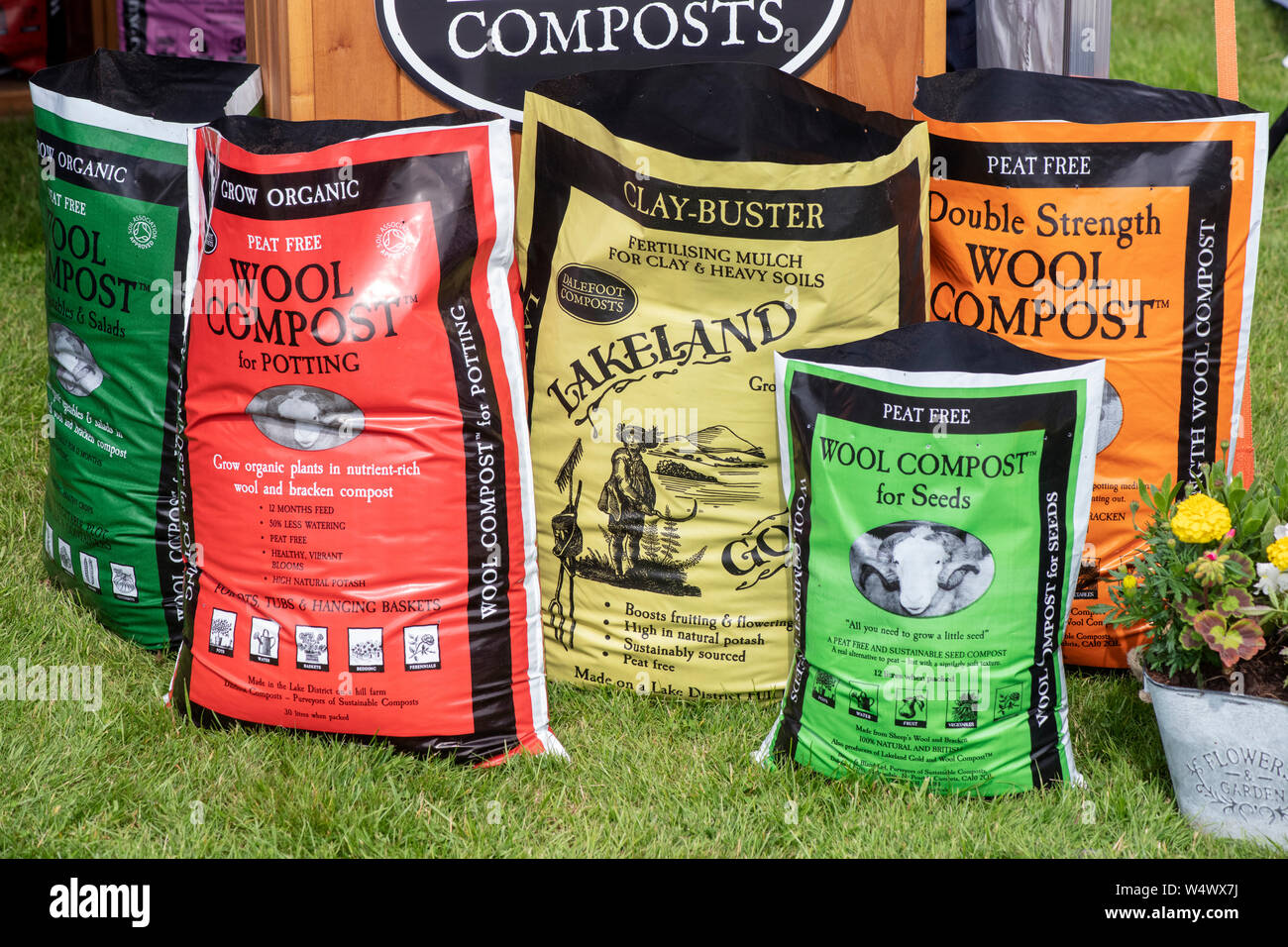 Peat Free Wool compost bags at a flower show. UK Stock Photo Alamy