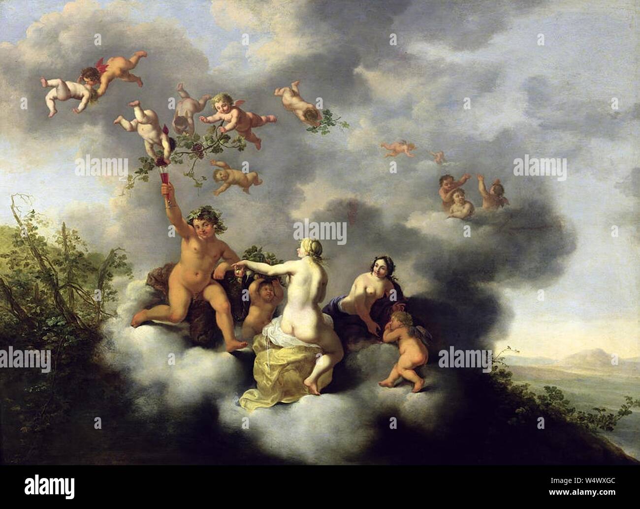 Cornelis van Poelenburch - Ceres, Bacchus, Venus and Cupid. Stock Photo