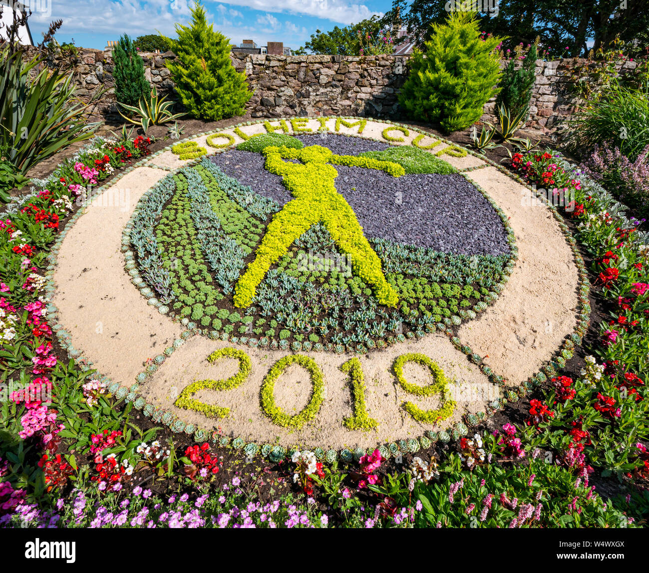 Solheim Cup with depiction of professional golfer swinging golf club in flower bed, Lodge Grounds garden, North Berwick, East Lothian, Scotland, UK Stock Photo