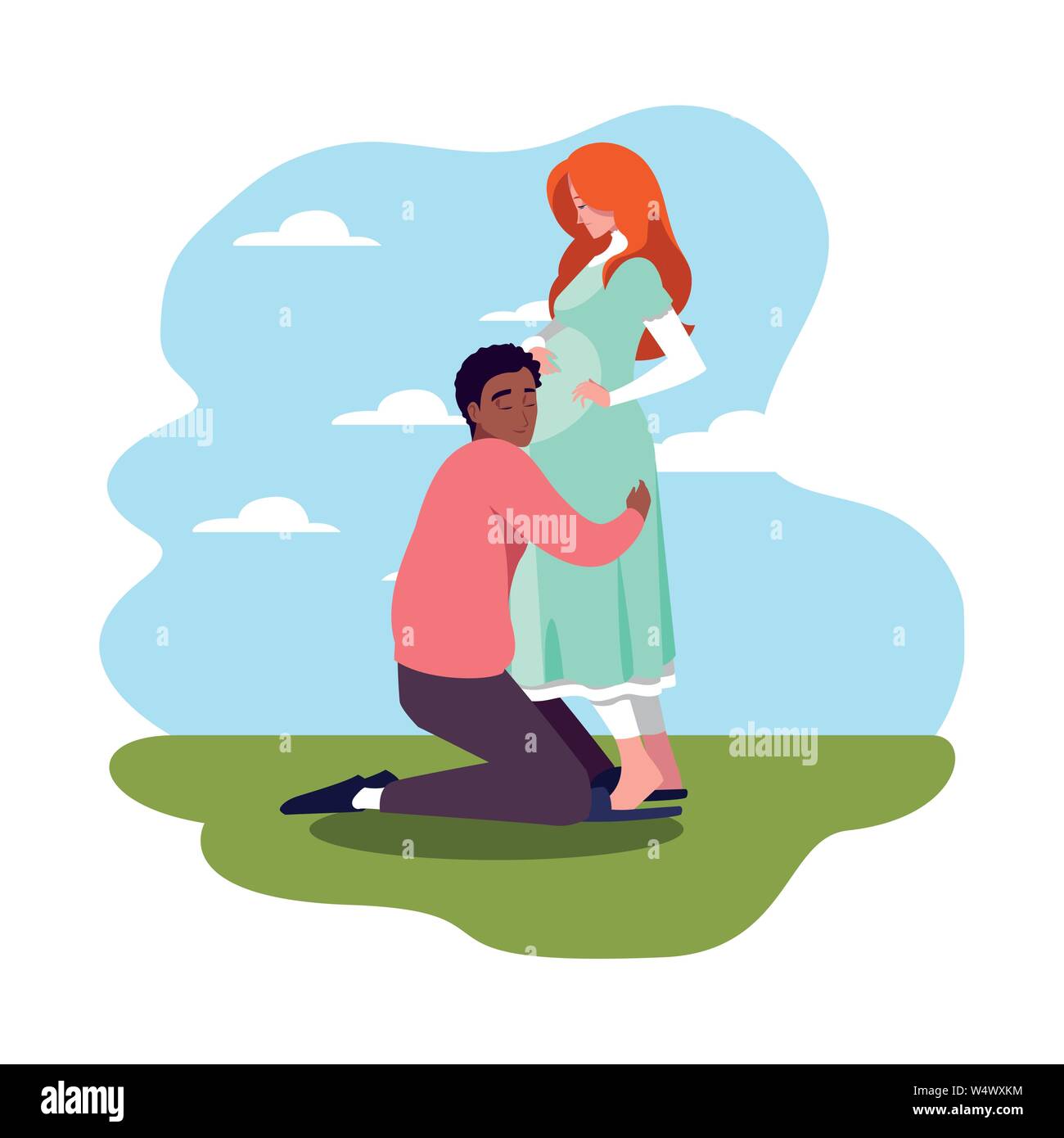 man hugs a pregnant woman outdoors - pregnancy and maternity vector ...