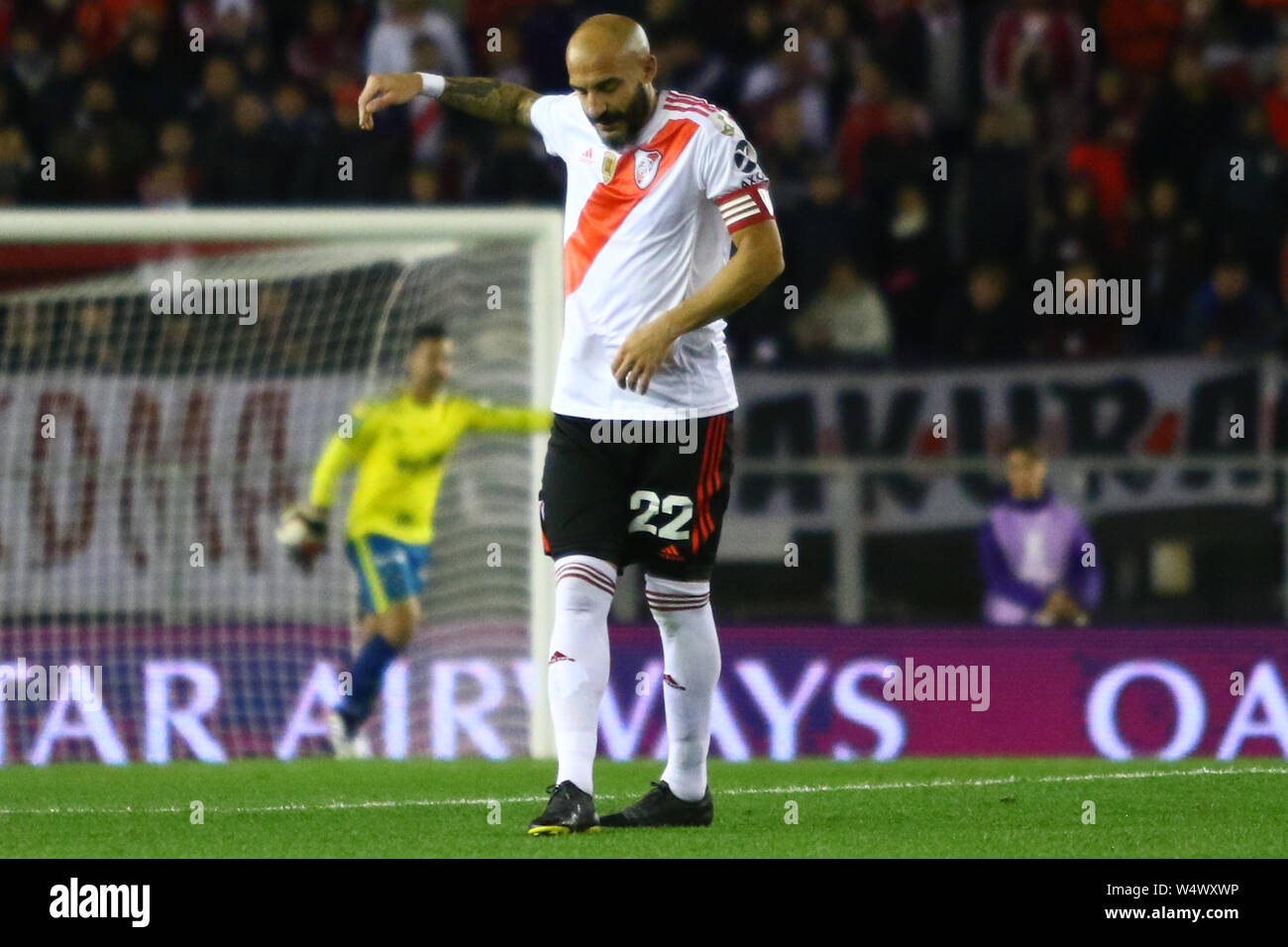 BUENOS AIRES, 23.07.2019: Javier Pinola was injured during the match between River Plate (ARG) and Cruzeiro (BRA) for match of Conmebol Libertadores o Stock Photo