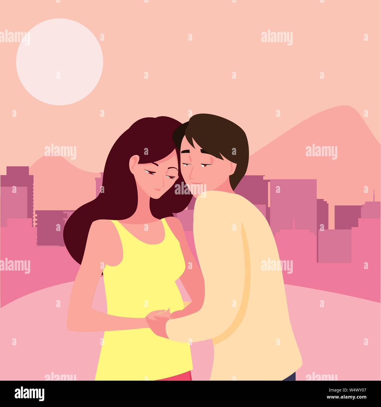 man hugs a pregnant woman in the city street - pregnancy and maternity ...