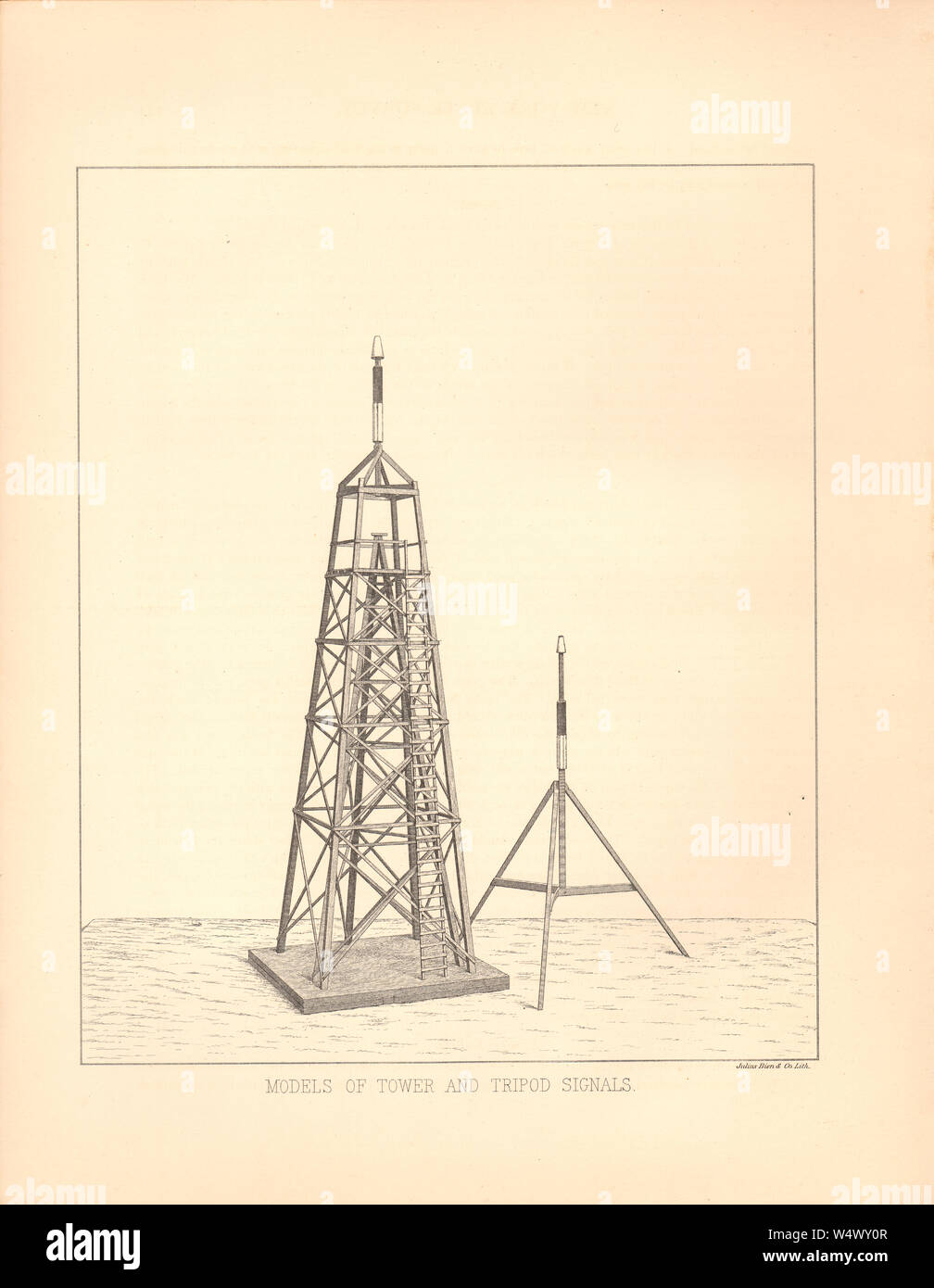 Models of Tripod and Tower Signals - Antiquarian bookplate from a set of plates showing 19th century survey tools in a NY State Survey Report Stock Photo