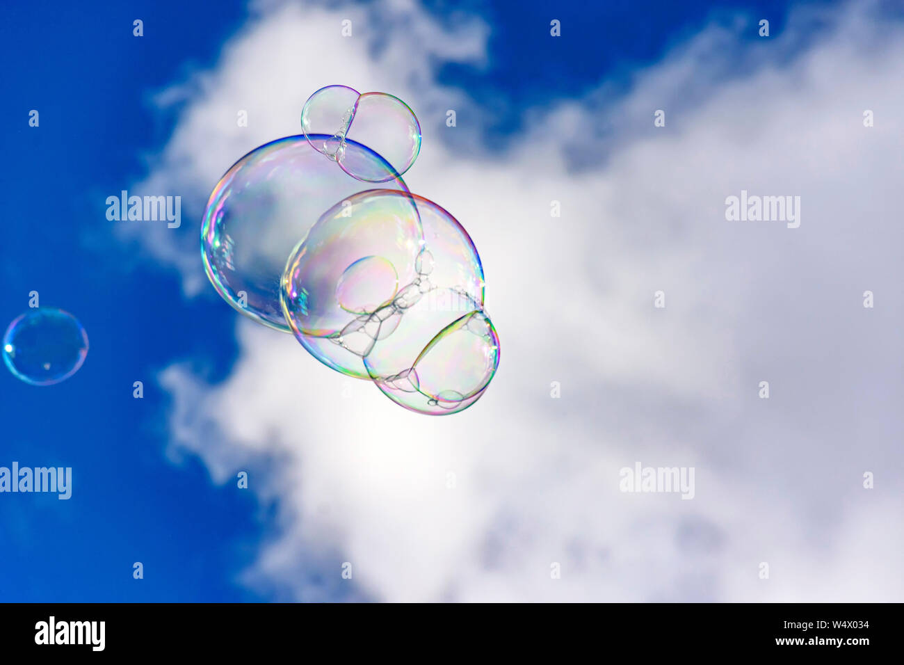 Soap bubbles with their colors and transparencies floating in the blue ...
