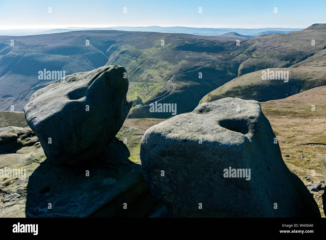 The head of Edale from the Wool Packs rocks on the Kinder Scout plateau above Edale, Peak District, Derbyshire, England, UK Stock Photo