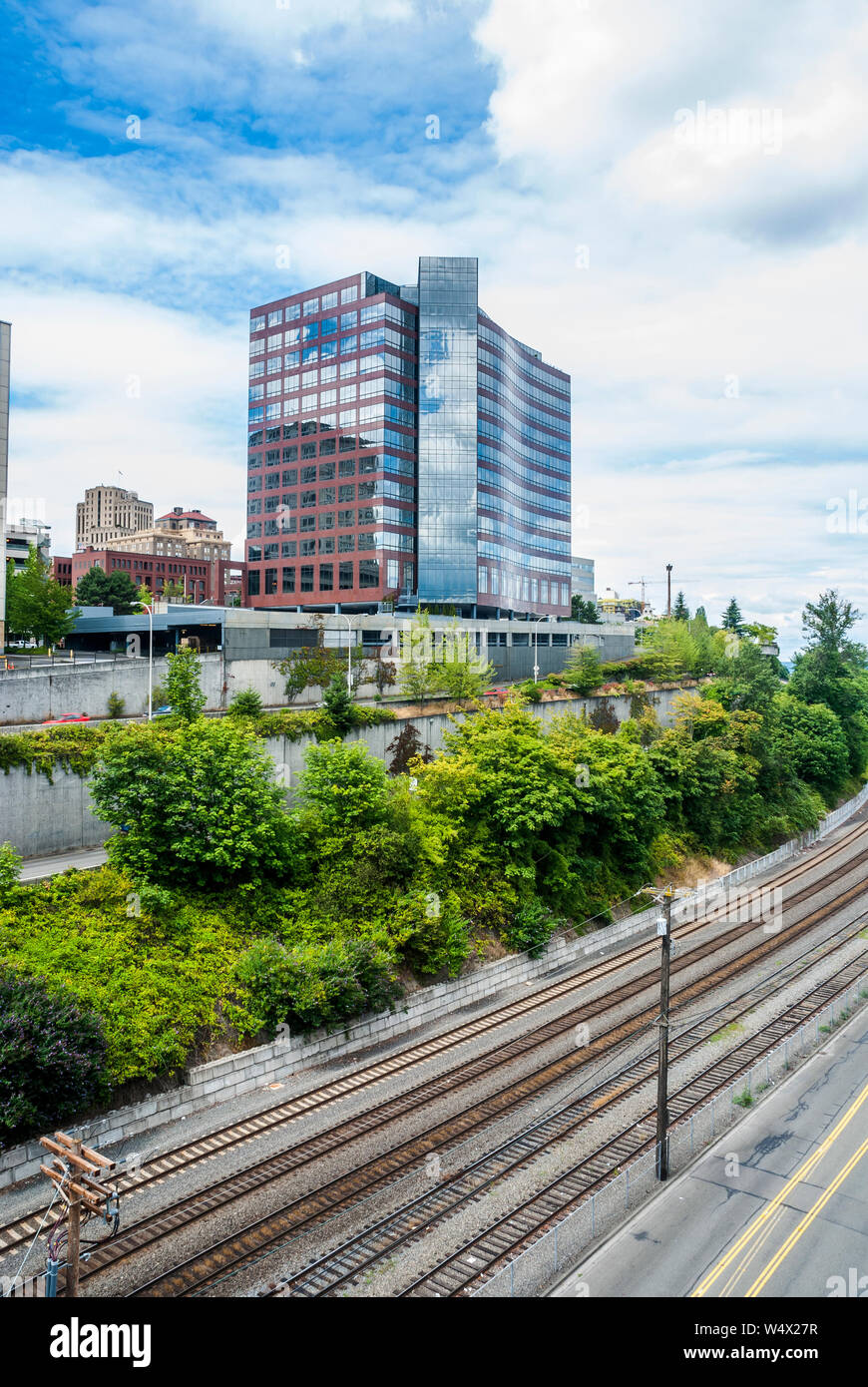 Looking north from the Murray Morgan Bridge near the Thea Foss Waterway in Tacoma, Washington. Stock Photo