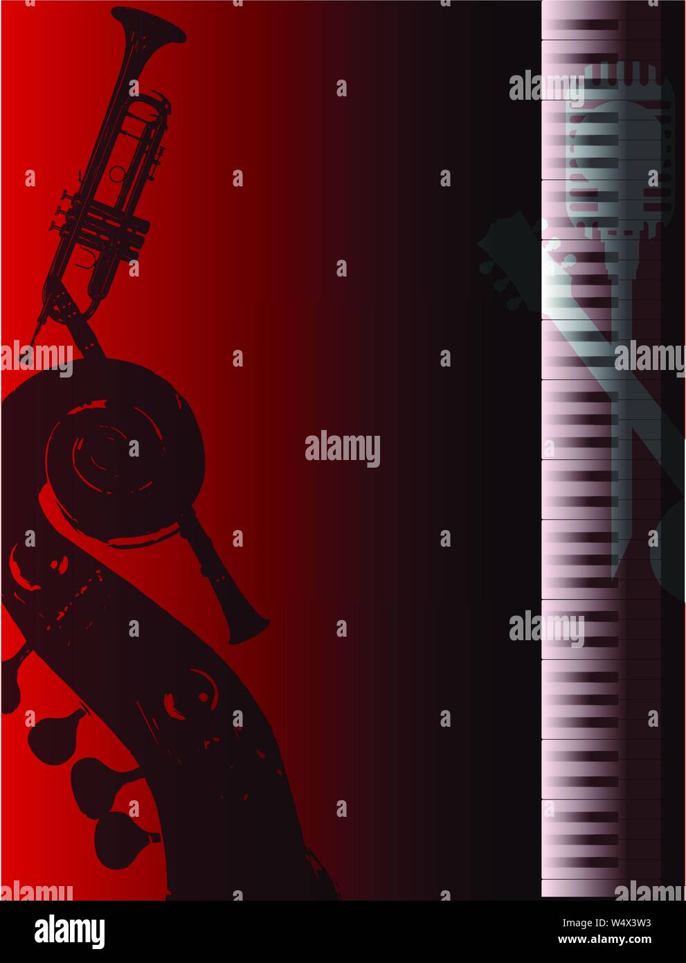 Black and white piano keys set against a red background with band