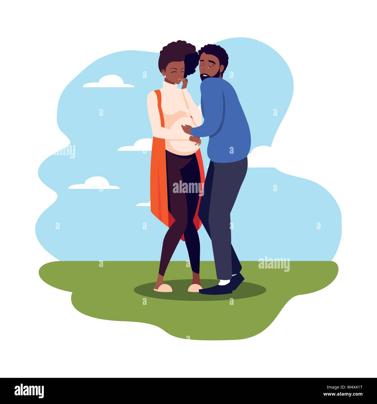 man hugs a pregnant woman outdoors - pregnancy and maternity vector ...