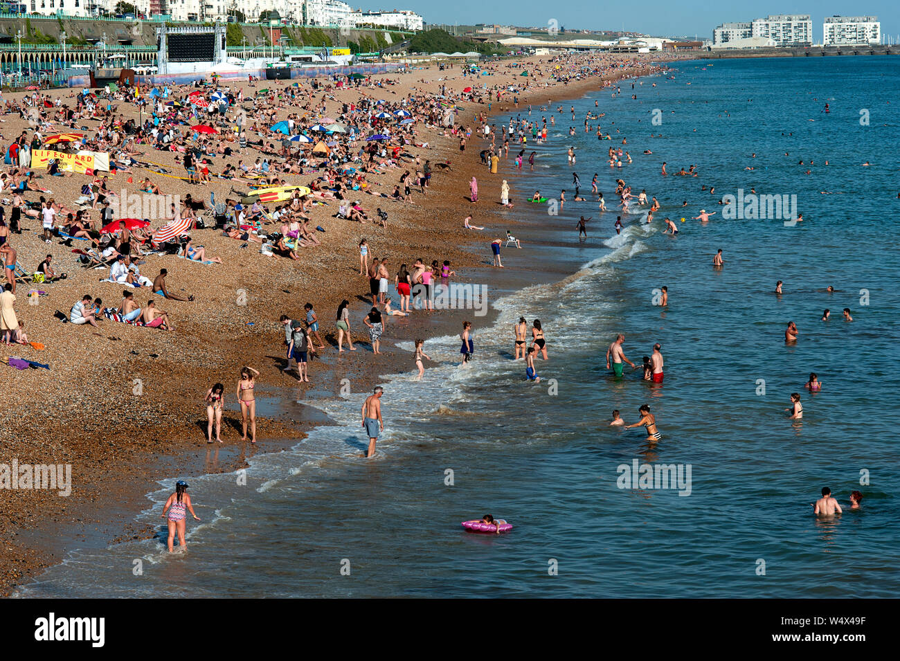 Brighton beach, Sussex, England, July 2019. People flock to the beach in Brighton to sunbathe and swim in the heatwave of July 2019. Stock Photo
