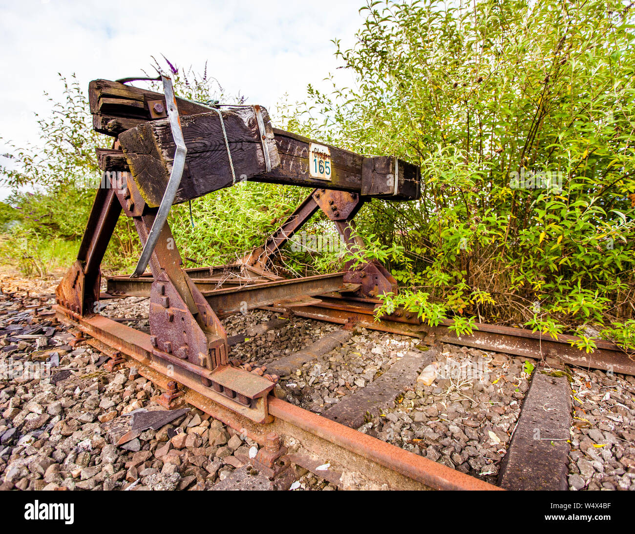 Buffer at the end of the railroad line in Grevenbroich, Germany Stock Photo