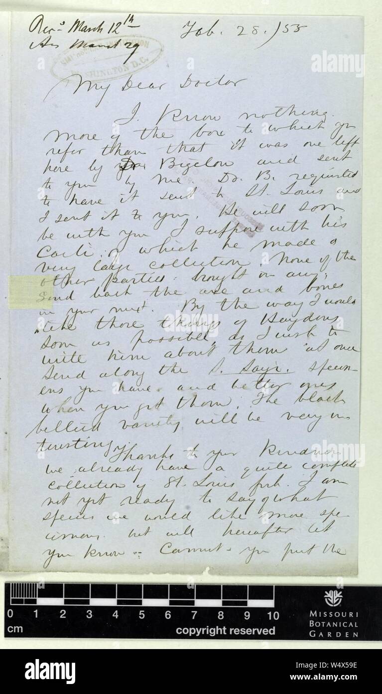 Correspondence - Baird (Spencer) and Engelmann (George) (Feb 28, 1855 (1)) Stock Photo